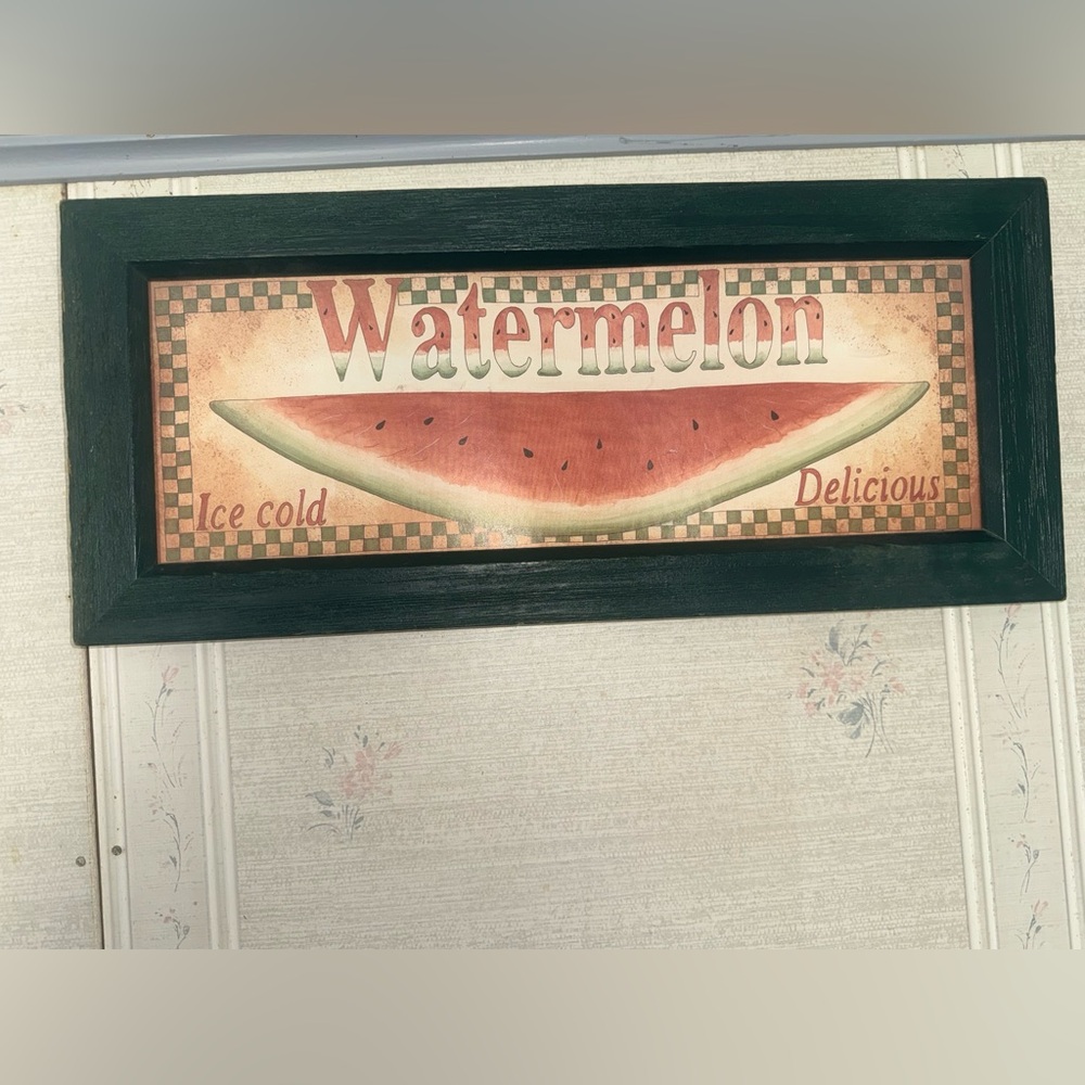 Vintage Primitive Farmhouse Watermelon Wall Art with Green Frame